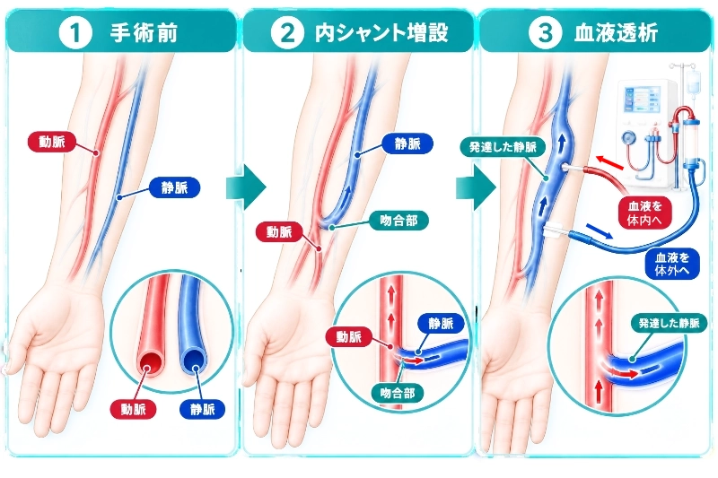 人工透析に必要な内シャント造設術の仕組みを示す図。腕の動脈と静脈をつなぎ、発達した静脈から血液透析を行う流れ